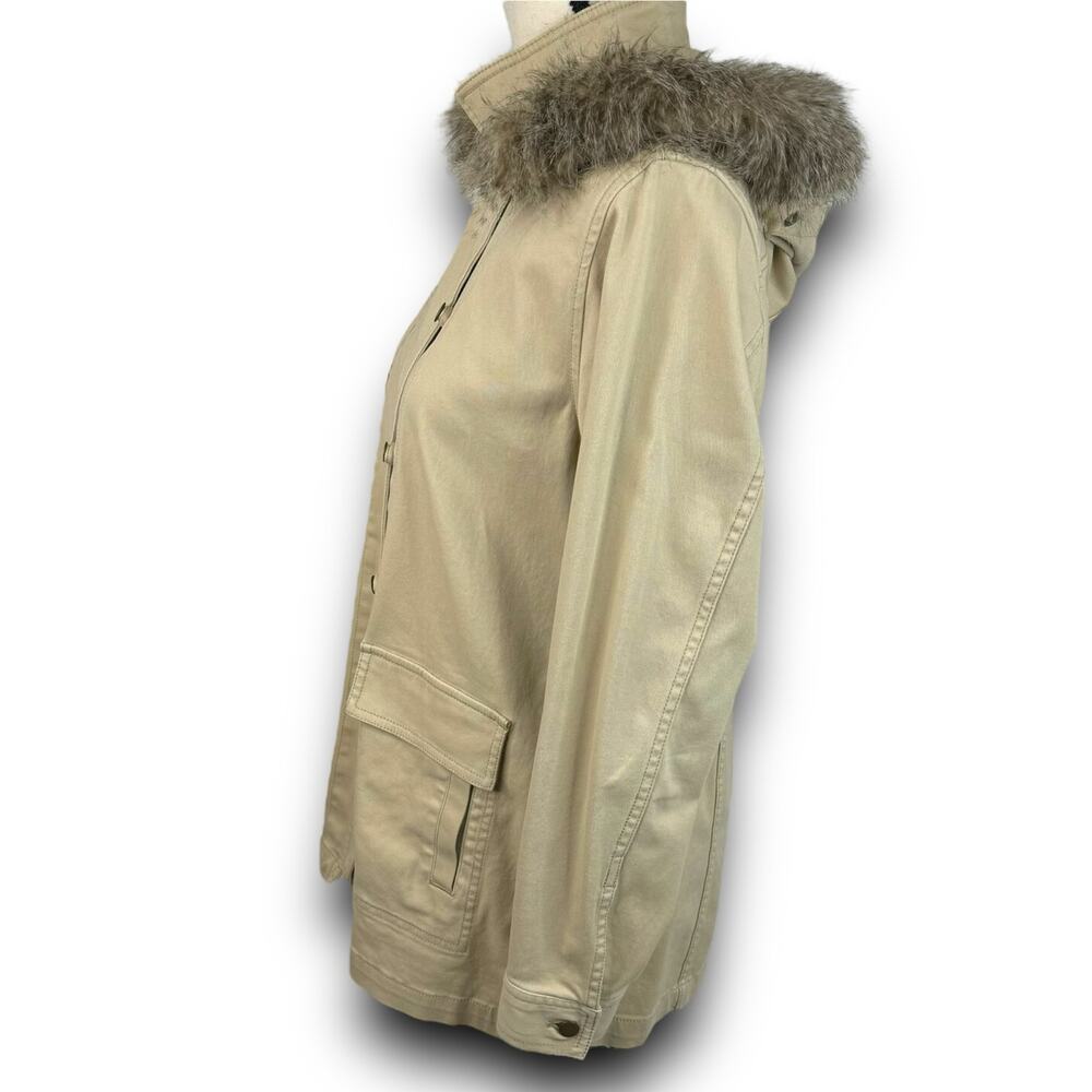 CAbi Nanook Tan Cotton Twill Utility Jacket Lightweight Faux Fur Hood Size Small - Picture 3 of 13